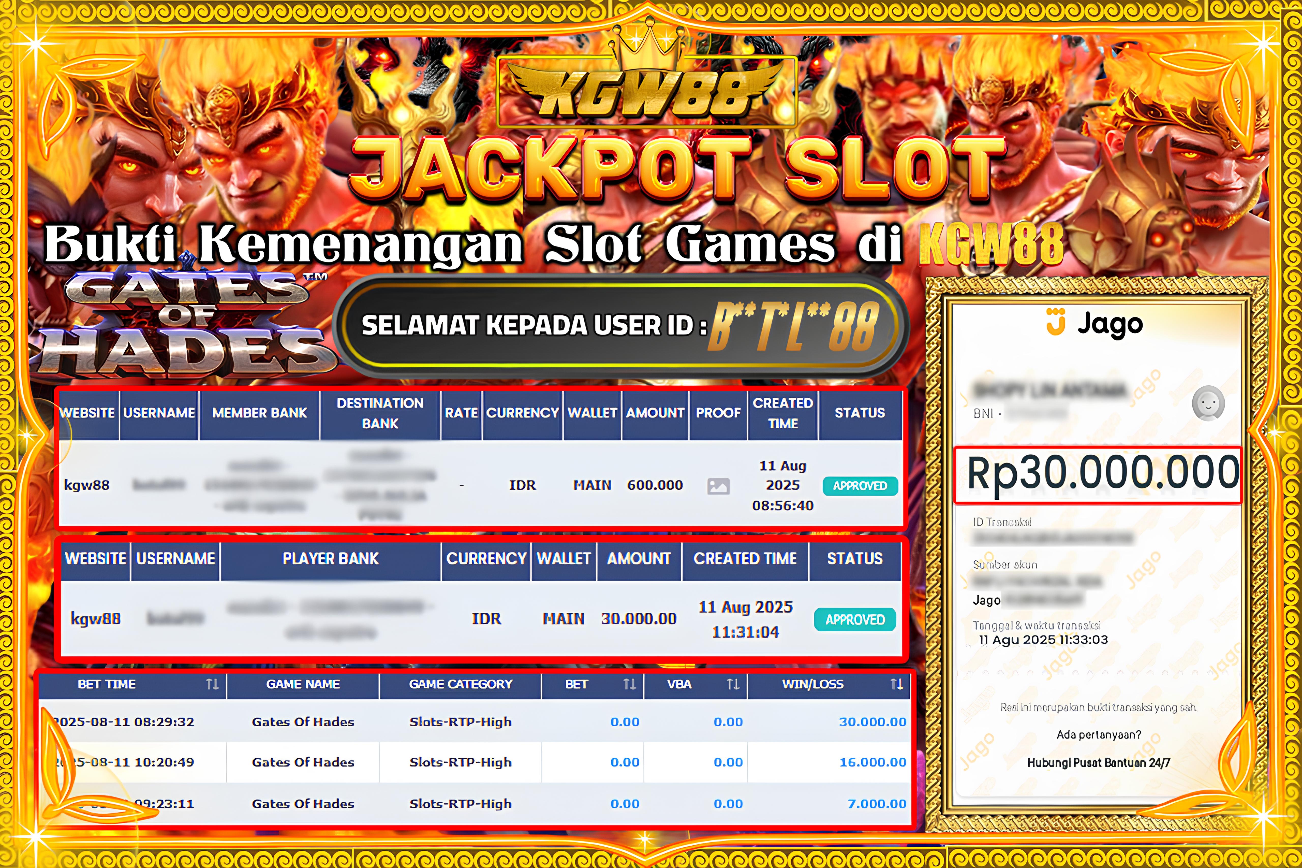 KGW88 JACKPOT Gates Of Hades Rp.30.000.000,- LUNAS